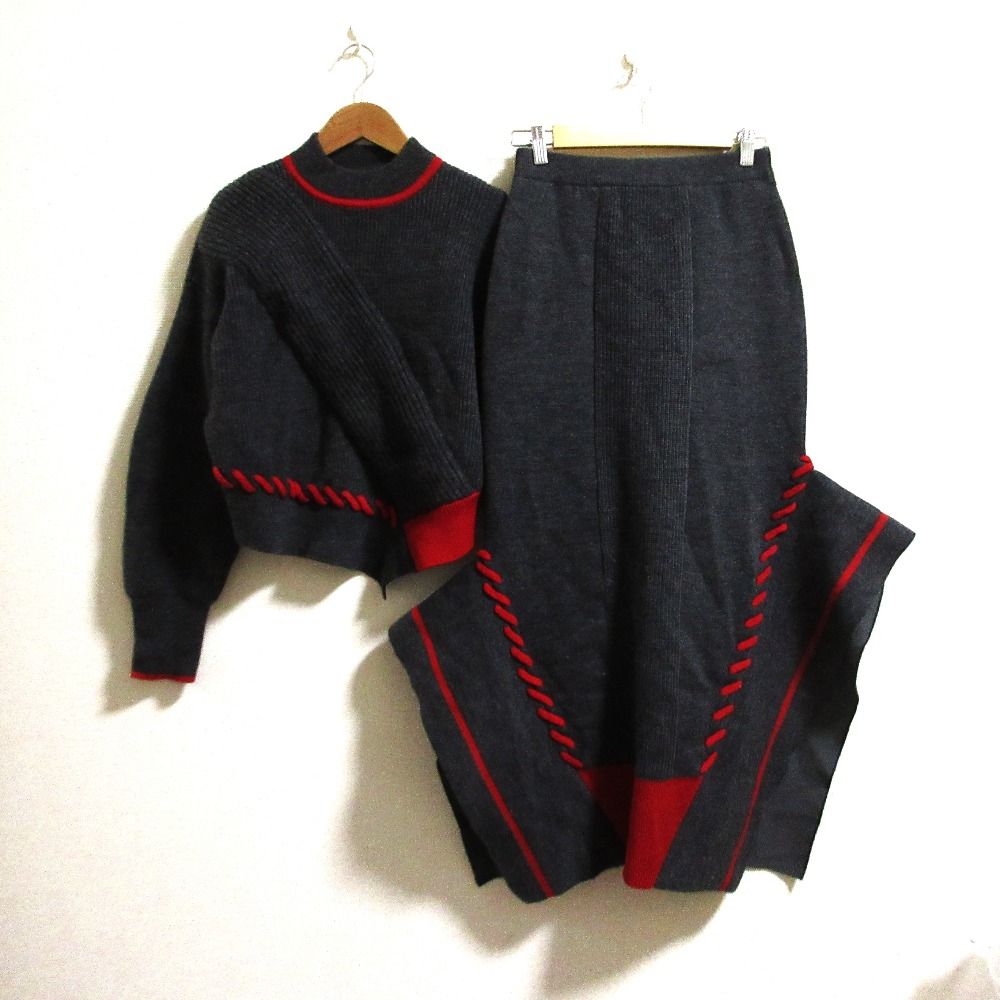 24 AW UN 3 D アンスリード ポイントステッチ セーター スカート セットアップ サイズ38 グレー レディース 古着