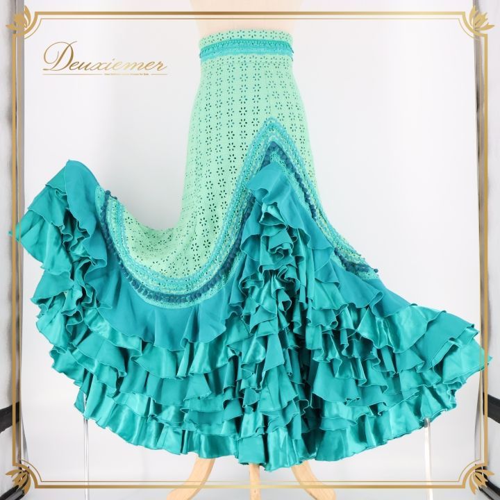 フラメンコ 衣装 ソニアジョーンズ SONIA JOHNES ファルダ スカート 緑 青 フリル ハイウエスト ボランテ フリル レース グリーン系 ブルー系 ダンス パーティ 発表会 フラメンコスカート フリルスカート ボリュームスカート 青緑系 ダンス衣装