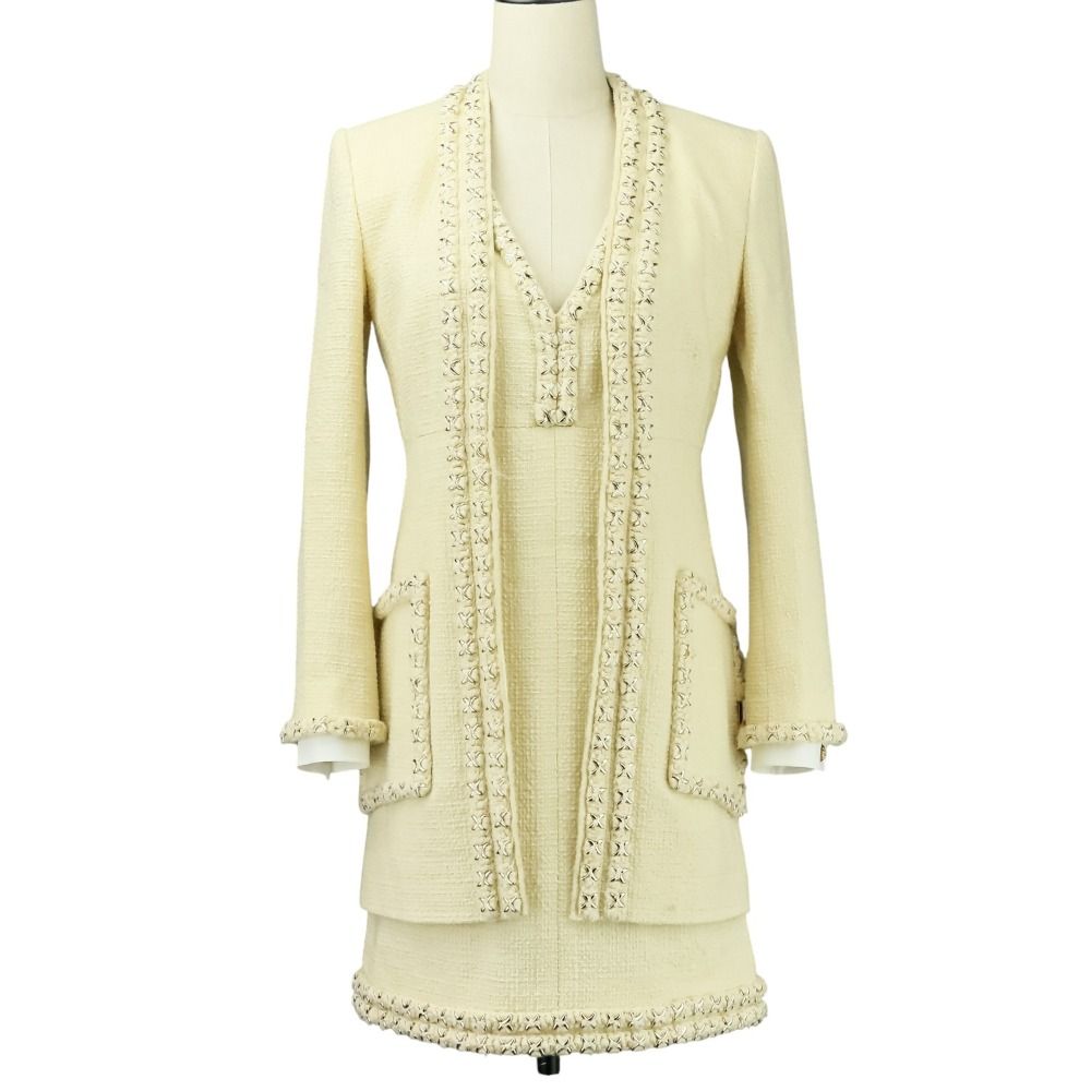 P56 シャネル メティエダール エンブロイダリーツイードジャケット ワンピース セットアップ P56907 34 アイボリー レディース 古着