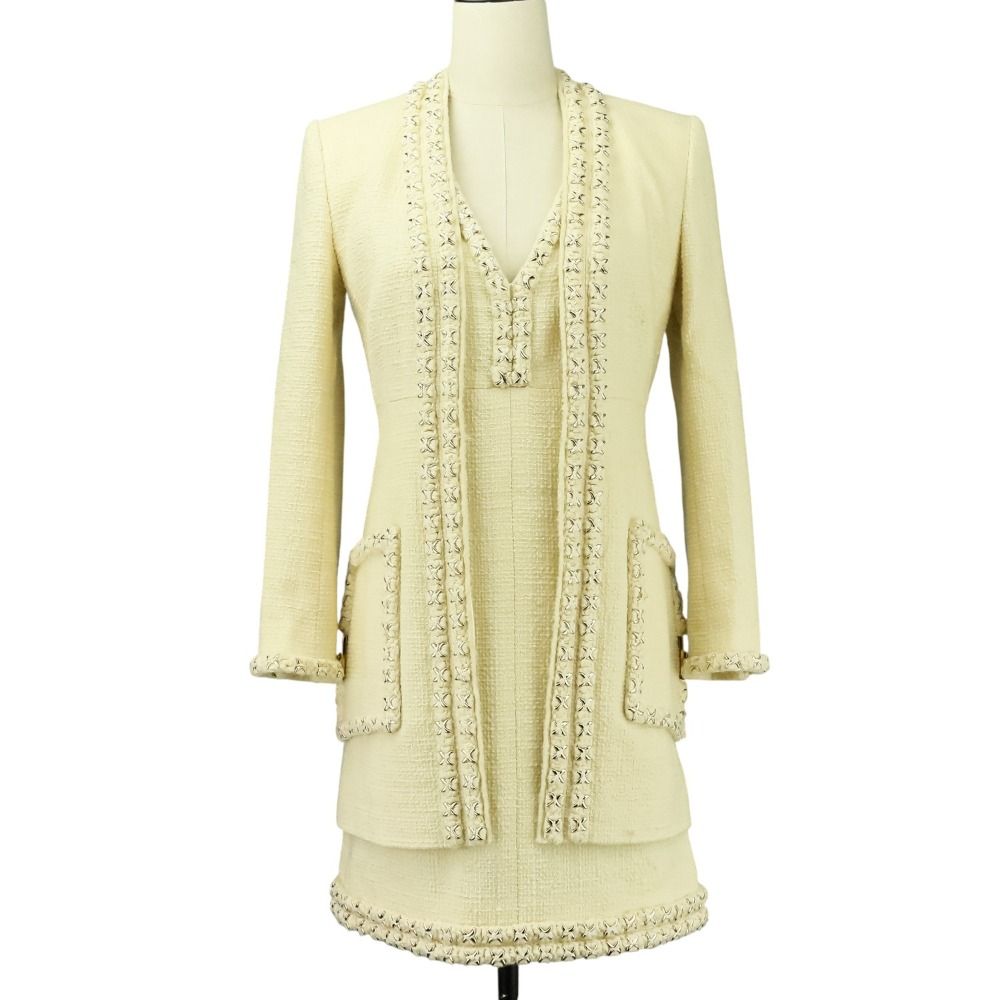 P56 シャネル メティエダール エンブロイダリーツイードジャケット ワンピース セットアップ P56907 34 アイボリー レディース 古着