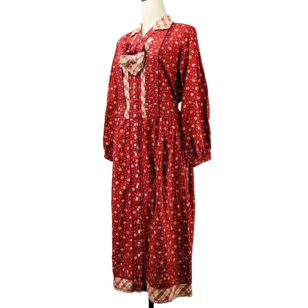 PINK HOUSE ピンクハウス フリルリボン フラワープリント シャツワンピース レッド レディース 古着
