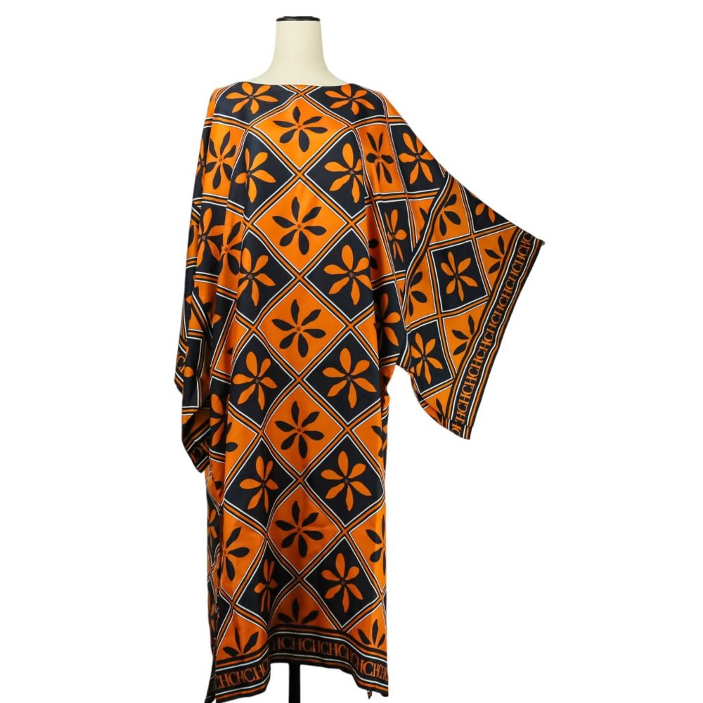 CAROLINA HERRERA キャロライナヘレラ 総柄 シルク ワンピース M オレンジ ネイビー レディース 古着