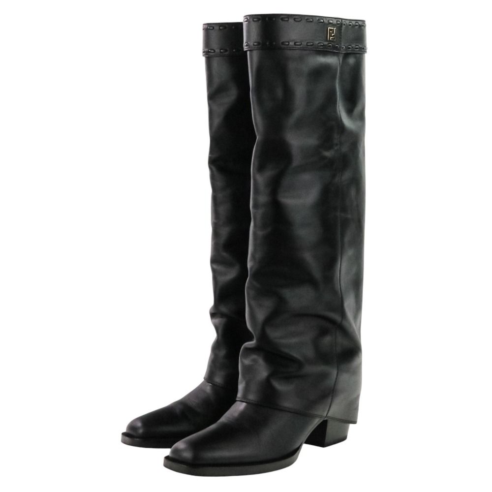 FENDI フェンディ ミネルヴァ レザーロングブーツ 36 23 0 cm程度 8 W 8566 ブラック レディース 古着