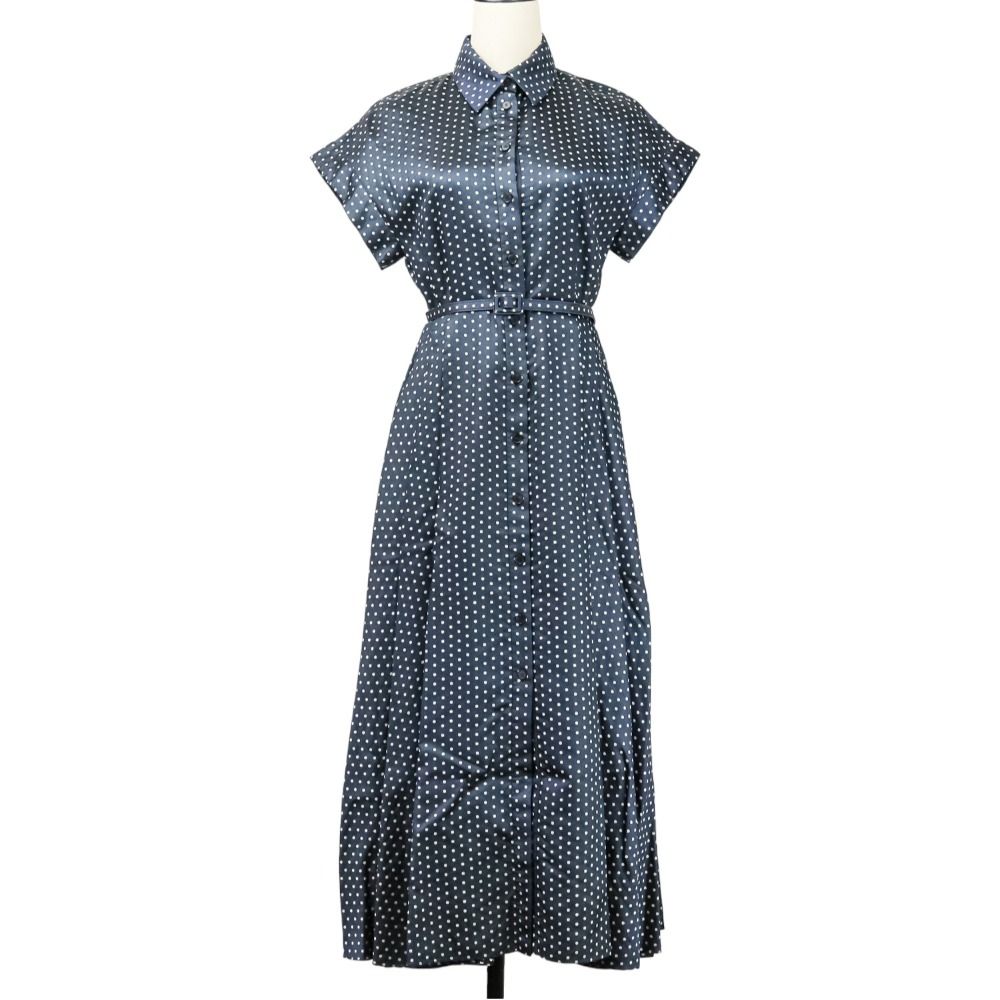 21年モデル Christian Dior クリスチャンディオール シルク ドットジャガードシャツドレス ワンピース 141R21B7631 40 ネイビー レディース 古着