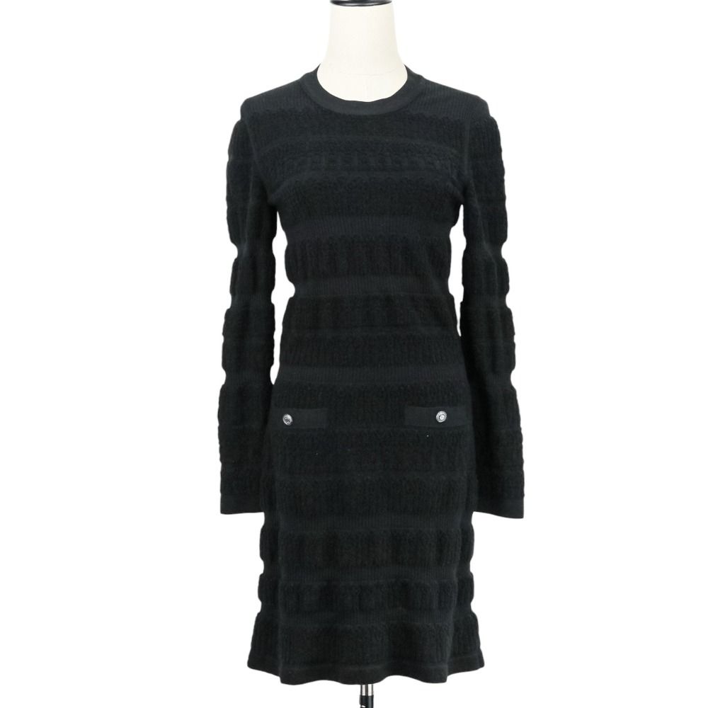 CHANEL シャネル ココマークボタン ウールニットドレス ワンピース P62180 サイズ34 ブラック レディース 古着