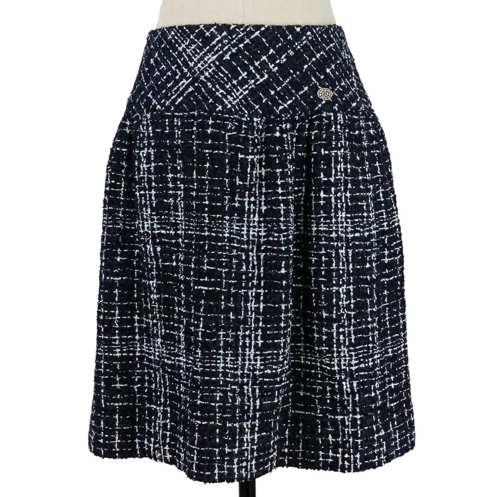 CHANEL シャネル ココマークプレート ツイードプリントスカート P49148 サイズ34 ネイビー ホワイト レディース 古着