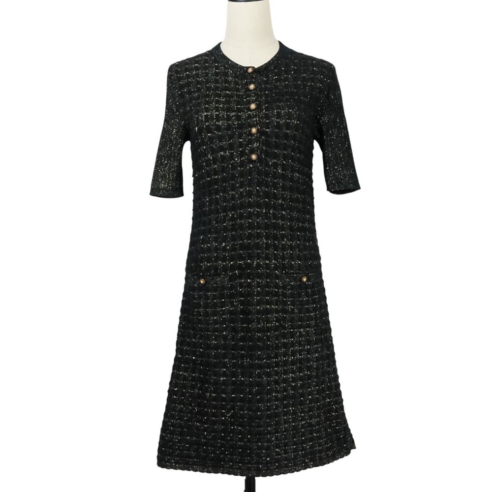 CHANEL シャネル ライオンボタン ラメニットドレス ワンピース P57107 サイズ34 ブラック ゴールド レディース 古着