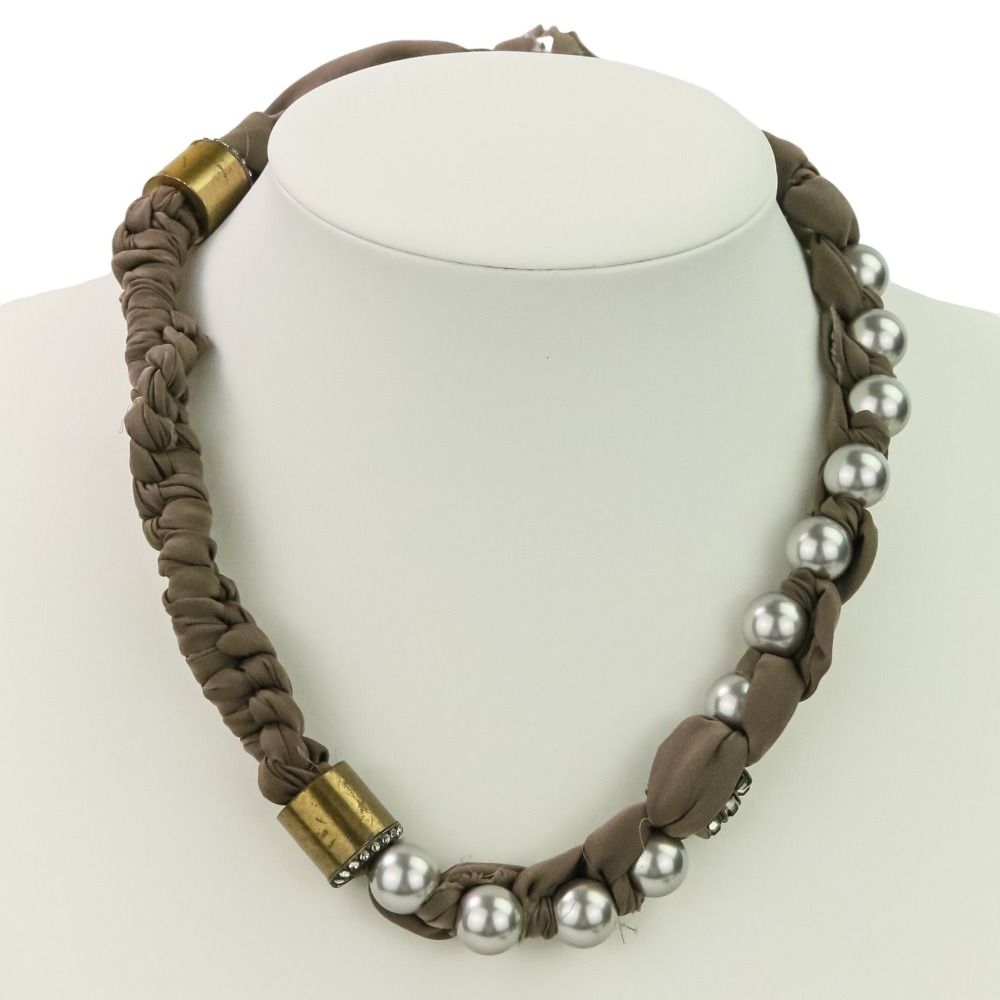 美品 LANVIN ランバン パール リボン ファブリック ネックレス カーキ ブラウン レディース 古着  USED