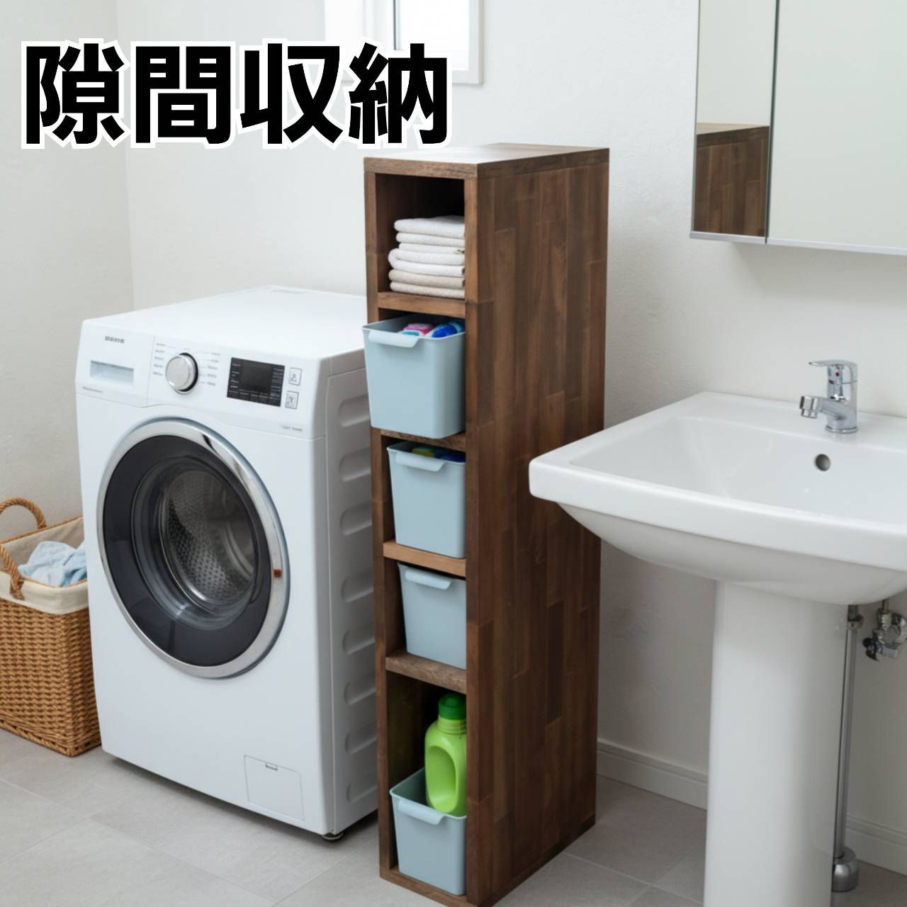 洗面所の隙間収納ラック ナチュラルウッド ランドリー収納にぴったり