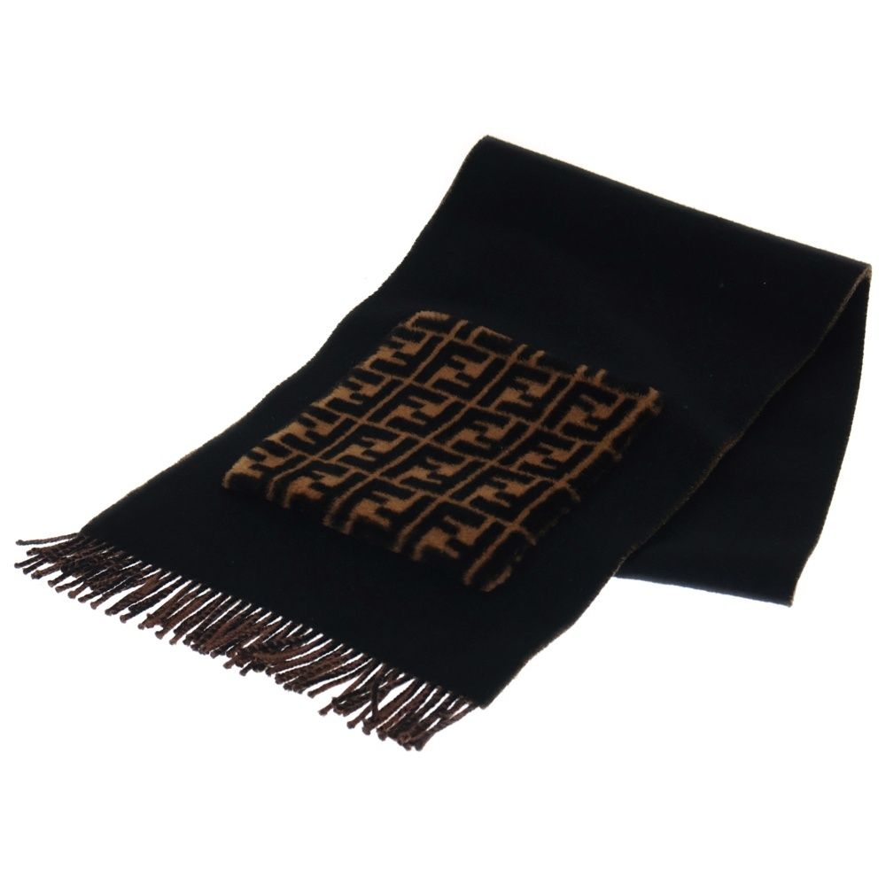FENDI フェンディ FFズッカ柄 ファーポケット付フリンジカシミヤマフラー ブラウン FXT 252