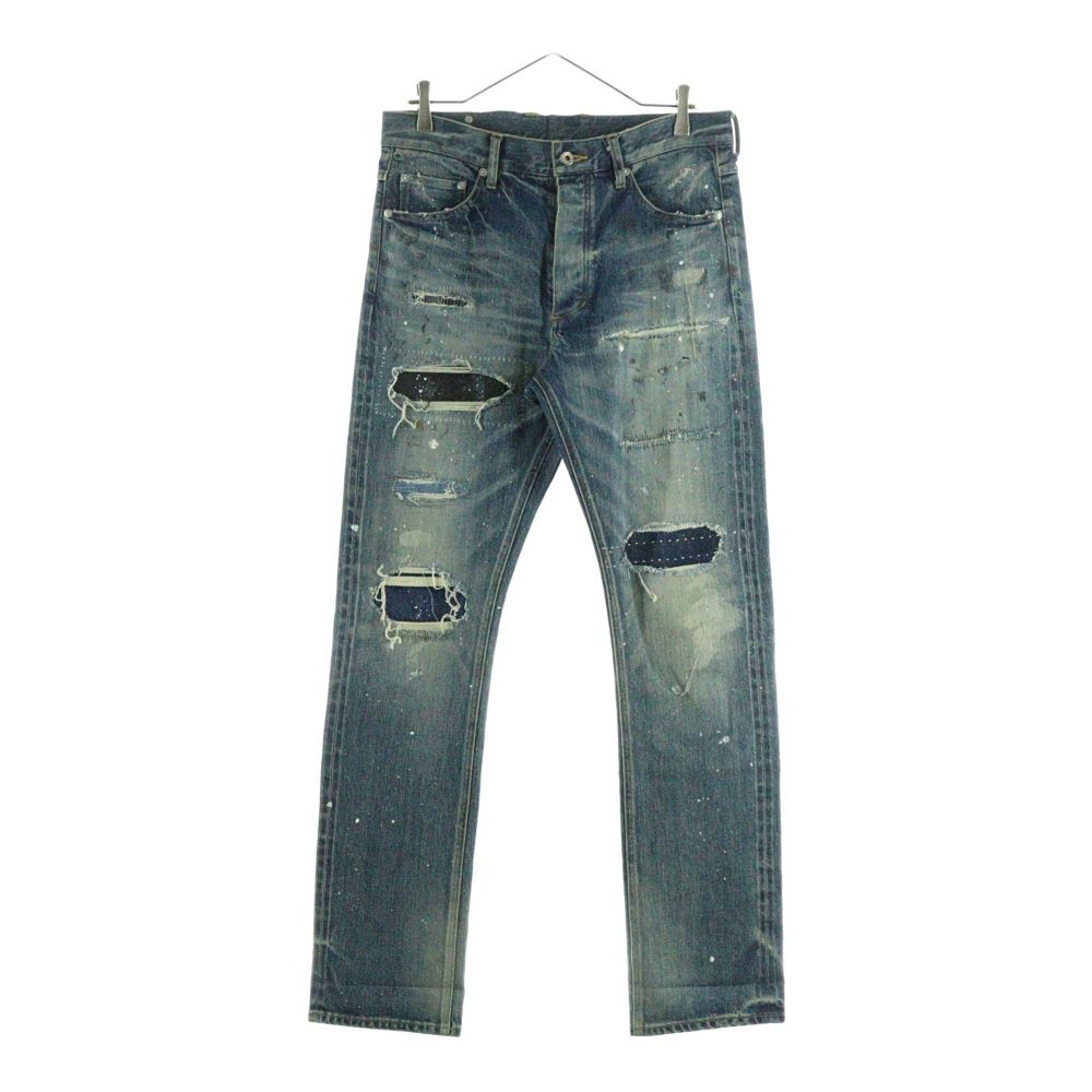 ISAMU KATAYAMA BACKLASH イサムカタヤマバックラッシュ 24SS ×KOSUKE MATSUI ストレッチ紺セルヴィッチ ストレートデニムパンツ ダメージ加工 ボタンフライ D-701-KO
