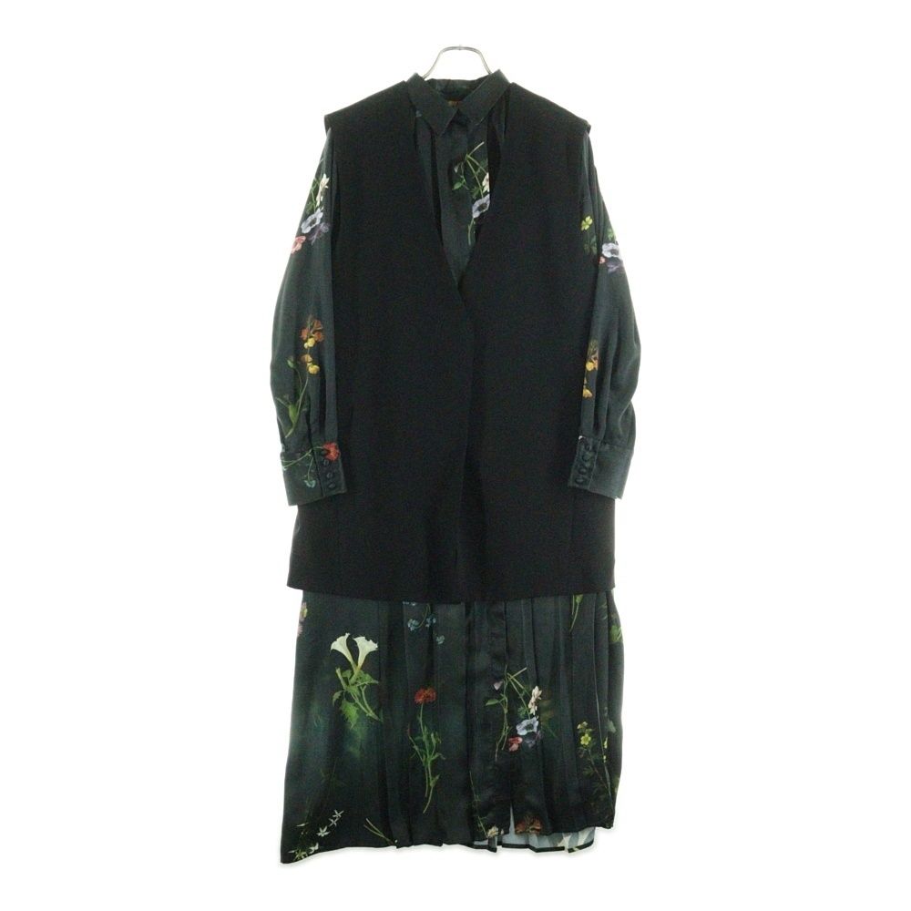 AMERI アメリ ボタニカルプリント ポリエステル ベストレイヤード ロングワンピース グリーン ブラック レディース 02120550581