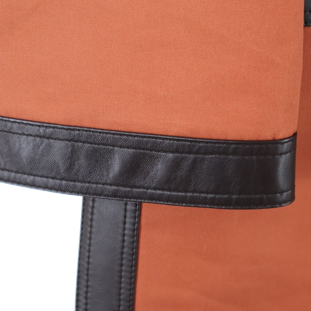  HERMES エルメス 22 SS ラムスキン レザー トリム コットン スナップボタン ステン ロング コート オレンジ ブラウン レディース 長袖 シャツ ブラウス
