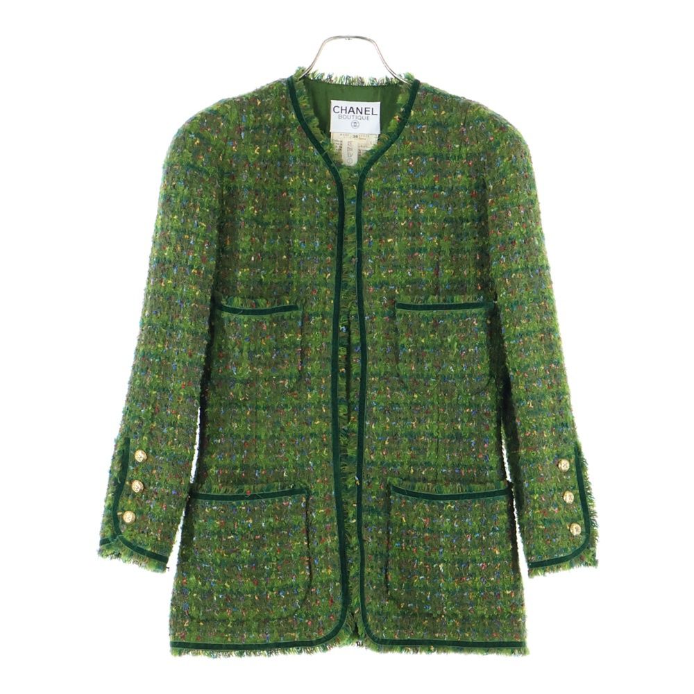 CHANEL シャネル ココマークボタン ウールツイード ベロア カットオフ ノー ジャケット グリーン レディース 91600