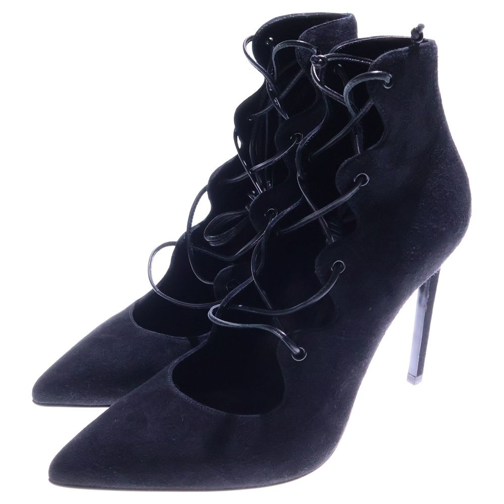 SAINT LAURENT PARIS サンローランパリ スエードレザー ポインテッドトゥ ヒール レースアップ ハイカットシューズ パンプス ブラック レディース 457719