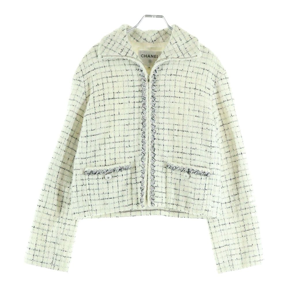 CHANEL シャネル ココマーク スパンコール ボタン チェック総柄 ラメツイード ジップアップ ジャケット ホワイト レディース P71201V62807