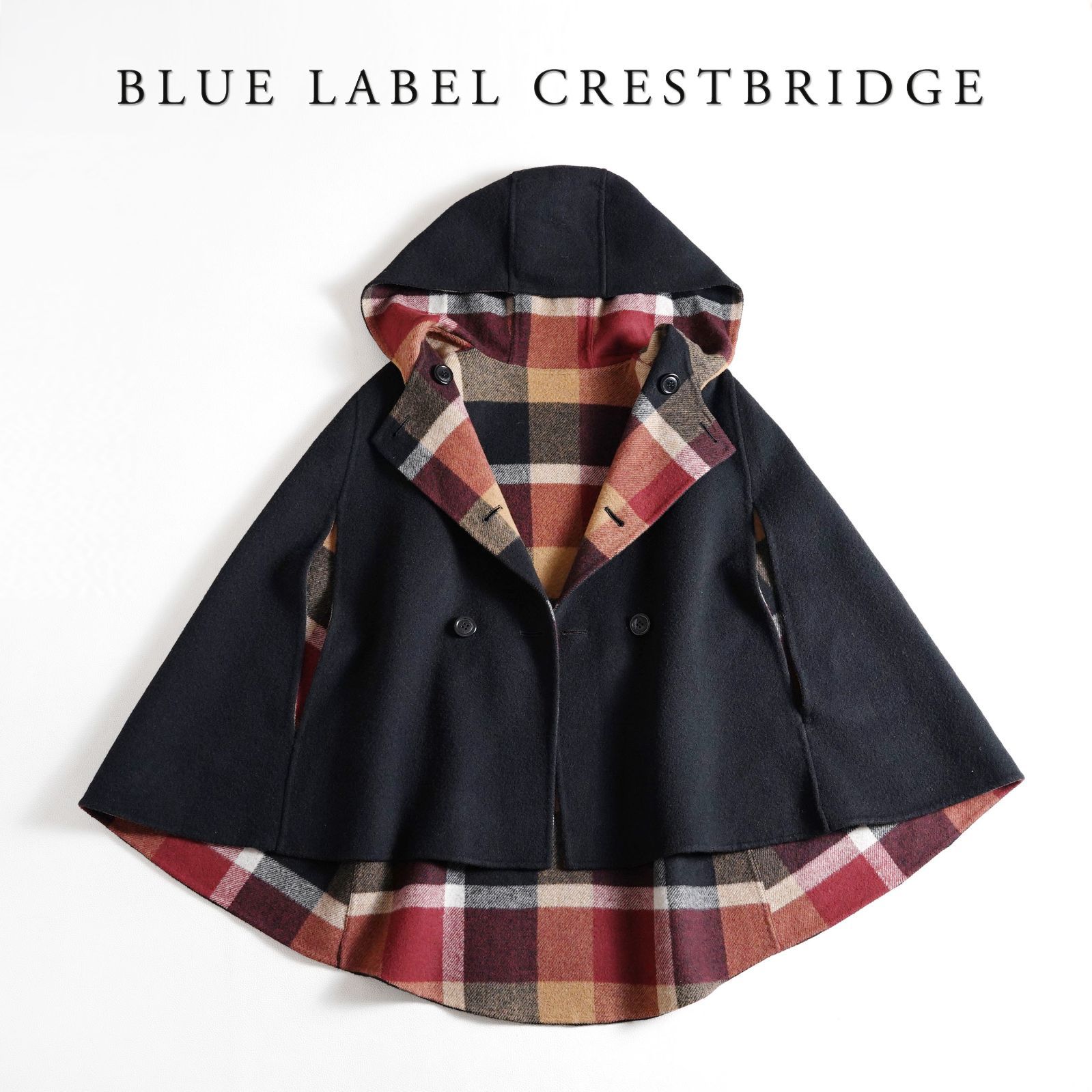 753t BLUE LABEL CRESTBRIDGE ブルーレーベルクレストブリッジ ウール混 チェック ダブルフェイス リバーシブル ケープ 38 M ブラック