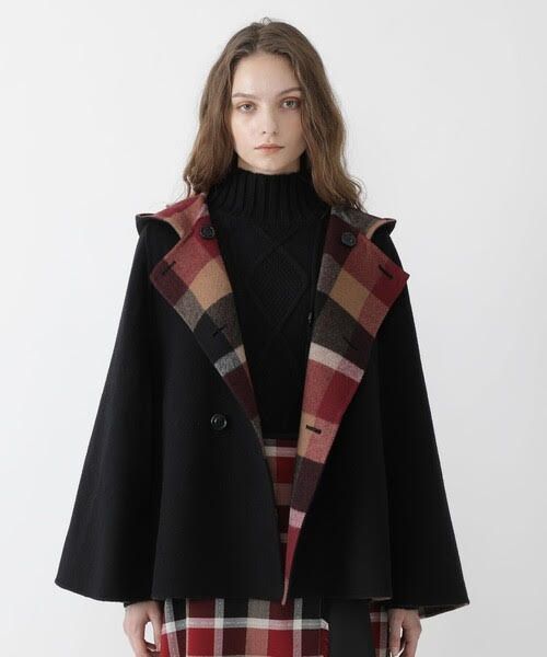 753t BLUE LABEL CRESTBRIDGE ブルーレーベルクレストブリッジ ウール混 チェック ダブルフェイス リバーシブル ケープ 38 M ブラック