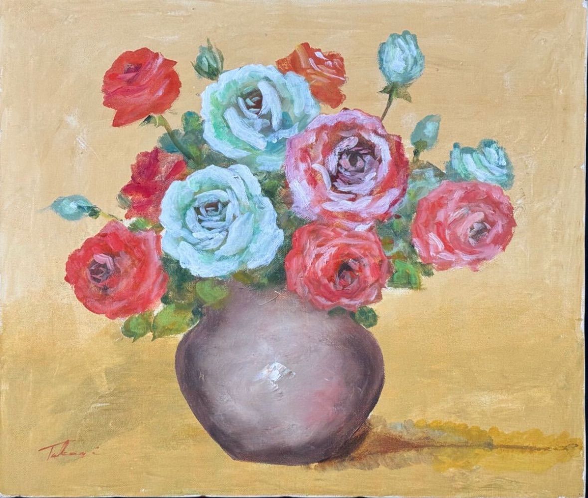 写実画 油彩画 静物画 直筆サインあり 高木利彦 「バラ」油彩 F10号 静物