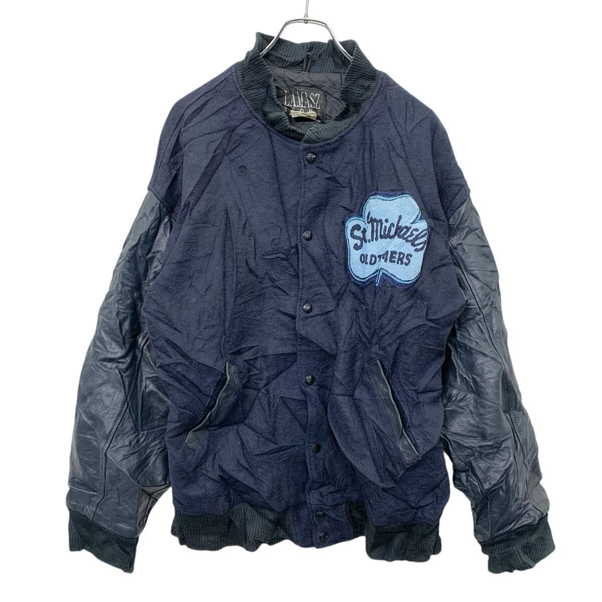 LAMASZ SPORT スタジアムジャケット XL ネイビー ブラック ラマズスポーツ スタジャン カナダ製 メルトン レザー 秋物 冬物 a711-5397