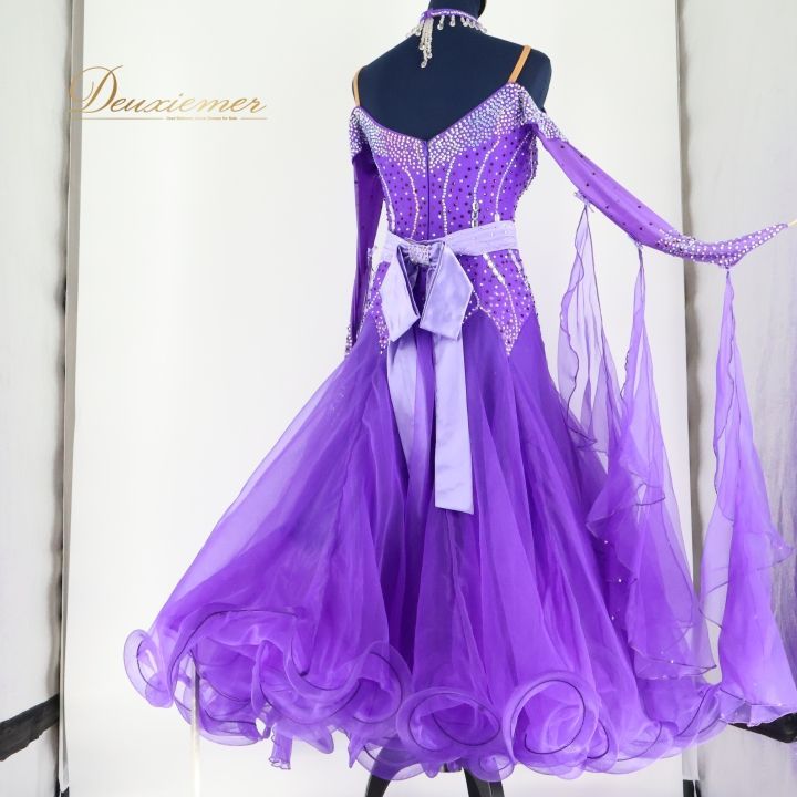 【社交ダンス衣装】パープル ワンピース ドレス フロート レース ラインストーン 社交ダンス 衣装 スタンダード ドレス スタンダードドレス ワンピース
