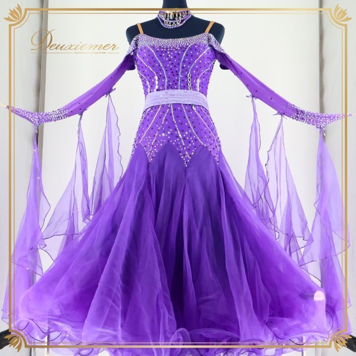 社交ダンス 衣装 ドレス ドレス ワンピース 紫 フロート レース フリル パープル系 デモ 競技 ダンス パーティ 発表会 リボン 感 豪華 スカート デザイン おしゃれ レディース 競技会