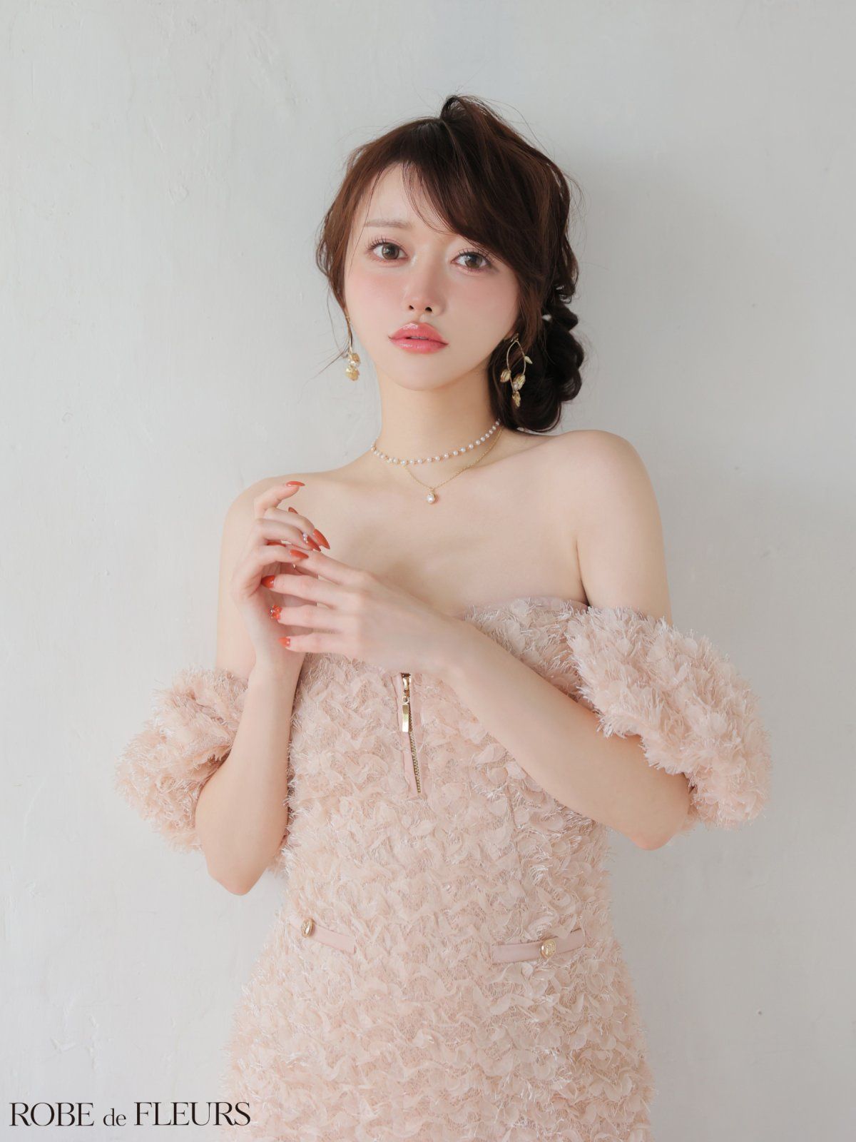 ピンク FM3488-IV-2511 fm3488 ROBE de FLEURS ローブドフルール 半袖 立体フリンジレース パフスリーブ オフショル タイト ミニドレス キャバドレス