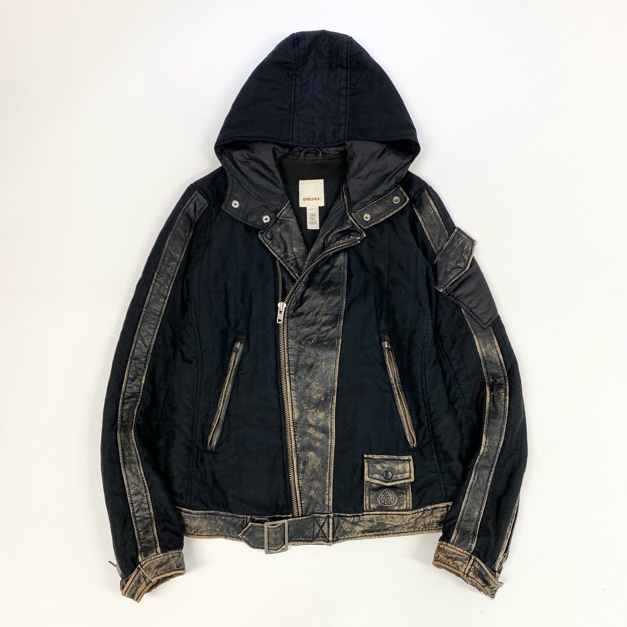 16k10 DIESEL ディーゼル ライダースジャケット フーディー アウター ヴィンテージ加工 異素材切替 Lサイズ ブラック メンズu02t