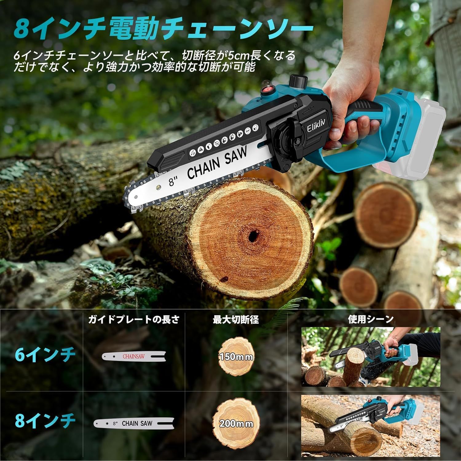 2025年新登場】Elikliv 電動チェーンソー 8インチ ハンディ 