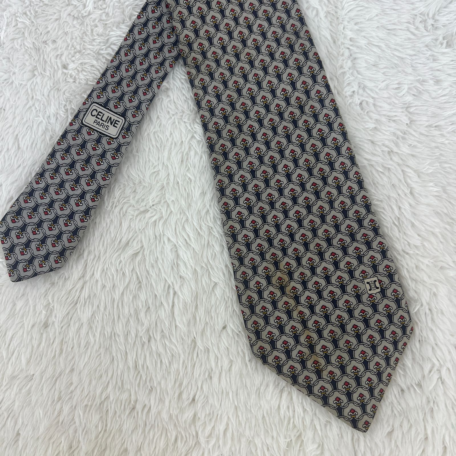 【美品】セリーヌ ネクタイ チャコールグレー マカダム柄 高級【イタリア製】 訳アリ》CELINE (セリーヌ) シルクネクタイ スペイン製 総柄