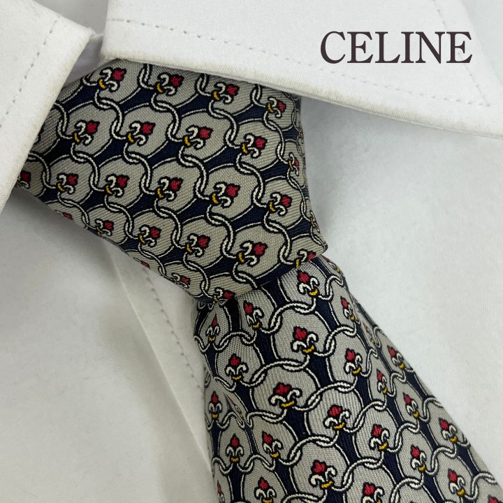 美品】セリーヌ ネクタイ チャコールグレー マカダム柄 高級