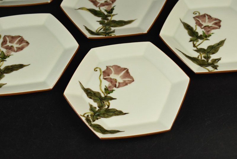蔵A 2668 a 色絵 影山明志 色絵昼顔文 六角小皿 銘々皿 小皿 五客
