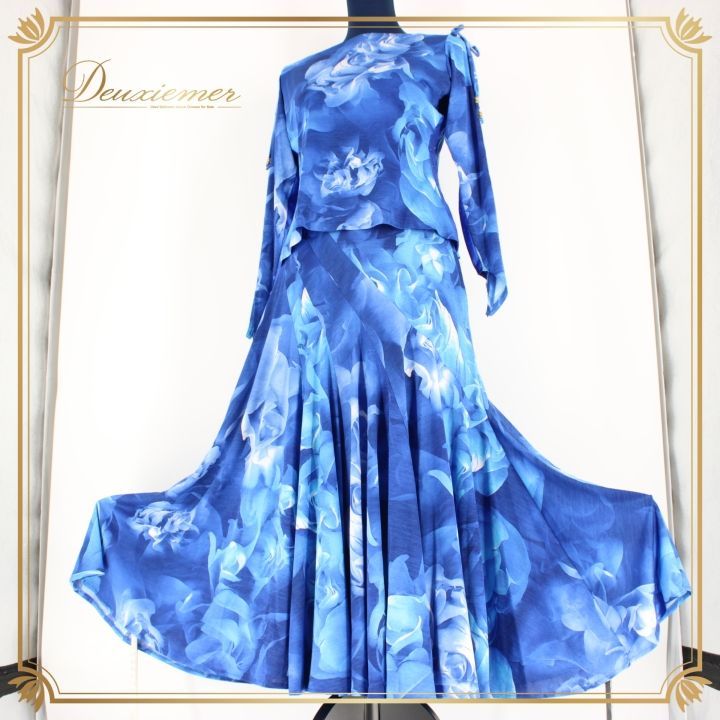 社交ダンス 衣装 上下セット ツーピース パーティ衣装 女性用 レディース オールシーズン 青 threering ブルー系 長袖 ラインストーン フラワー デザイン ファッション 伸縮性 ポリエステル ポリウレタン 使用 感動的