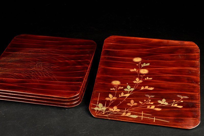 蔵A 2154 木製 絵替蒔絵 四方盆 吸物膳 五客