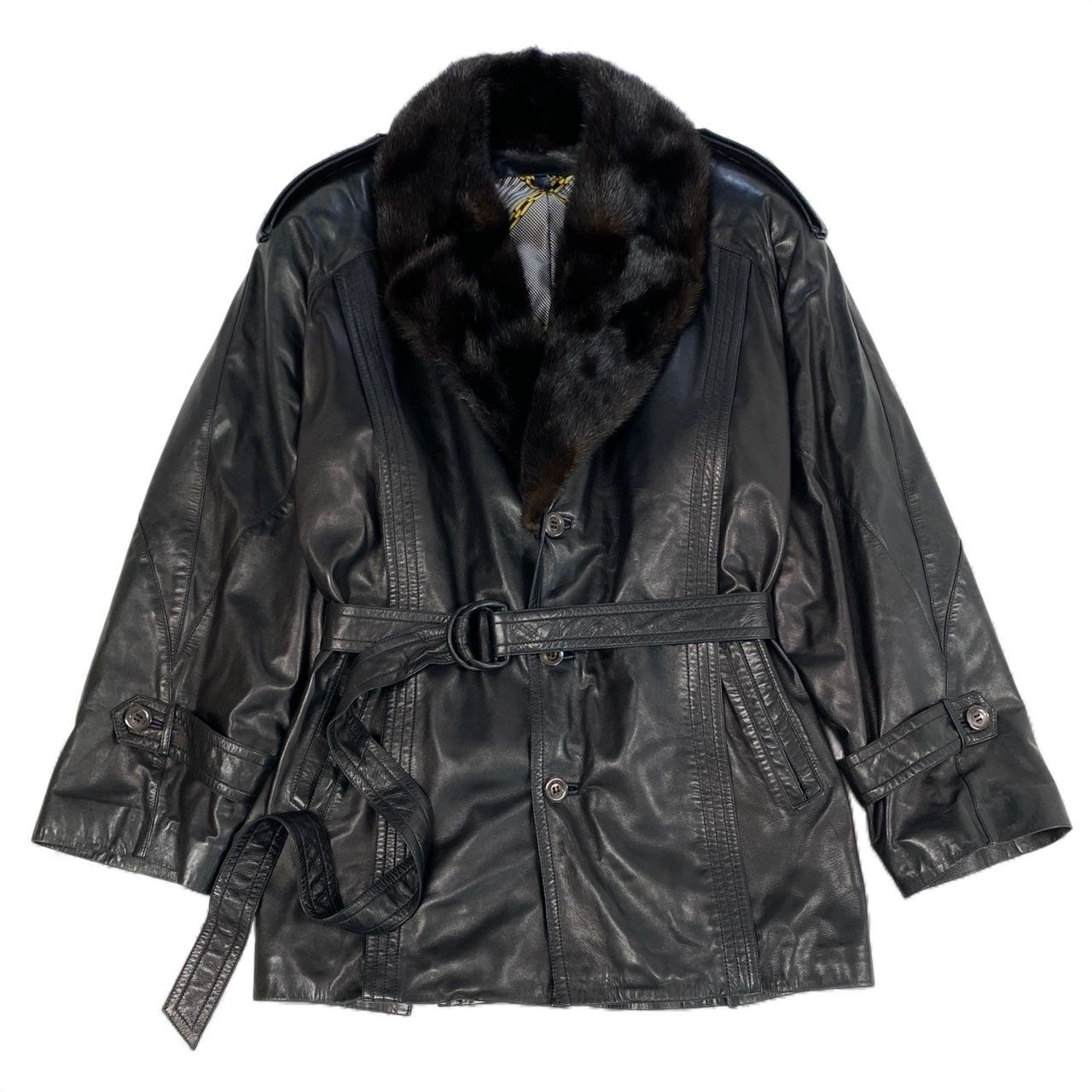 16k10 ZILLI ジリ― ミンクファー付き レザーコート 48 ブラック フランス製 MINK FUR LEATHER COATt18r