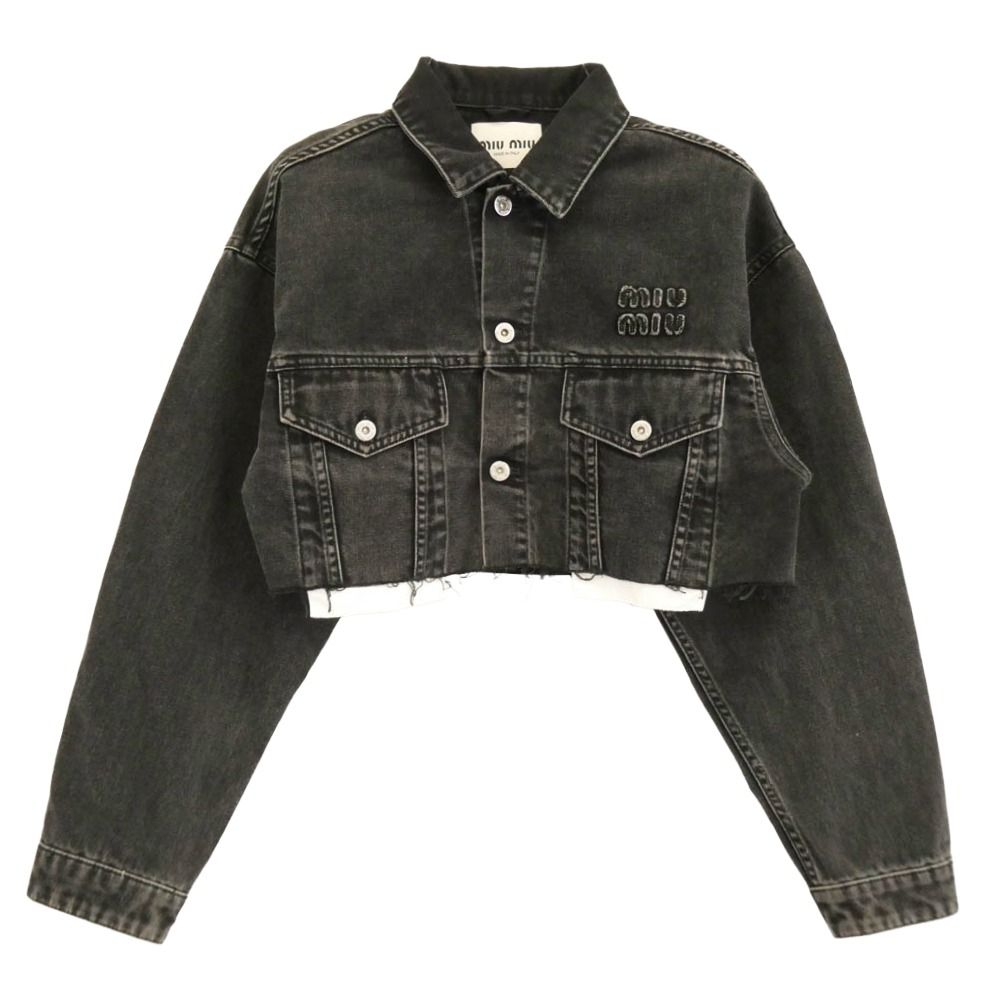 MIUMIU ミュウミュウ GWB148 S000 24年モデル カットオフ加工 ロゴ クロップド デニム ブルゾン ジャケット ブラック系 36