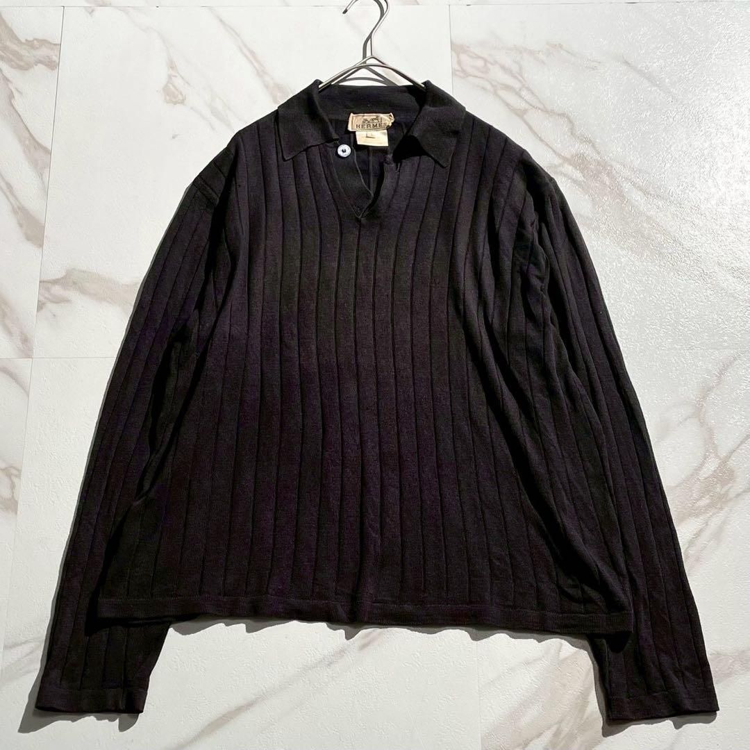HERMES エルメス リネン 麻 チャコールグレー系 凹凸 ニットポロシャツ トップス 長袖 Lサイズ メンズ