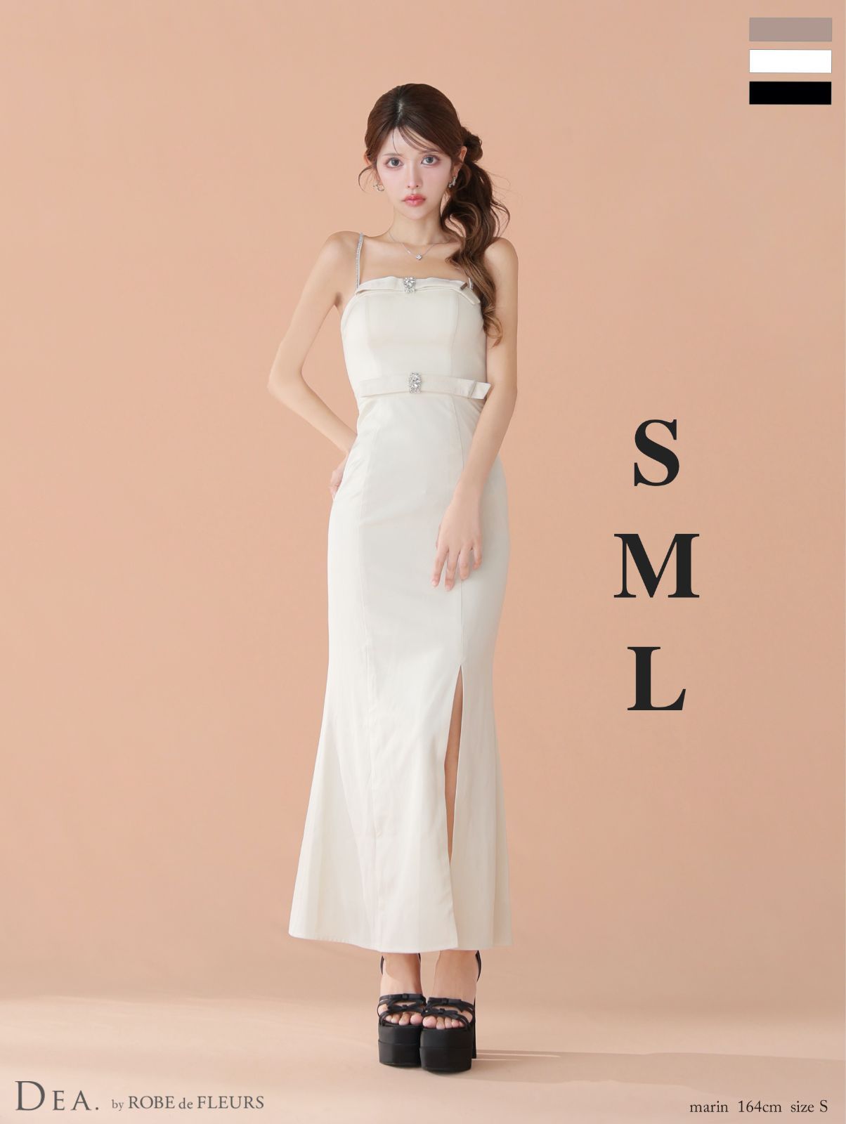 アイボリー DE 4118 DEA. by ROBE FLEURS ディアバイローブドフルール Lサイズあり サテン ベロアリボン ビジュー ベア キャミ タイト スリット ロングドレス キャバドレス ワンピース