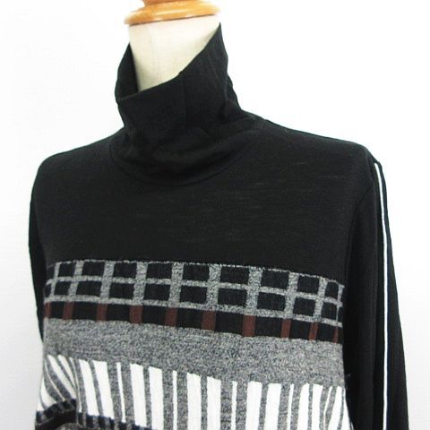  エイココンドウ EIKO KONDO チュニック ワンピース 長袖 タートルネック 裾フリル 異素材 ニット 総柄 ウール混 42 ブラック EKM 長袖 チュニック