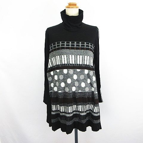 エイココンドウ EIKO KONDO チュニック ワンピース 長袖 タートルネック 裾フリル 異素材 ニット 総柄 ウール混 42 ブラック EKM