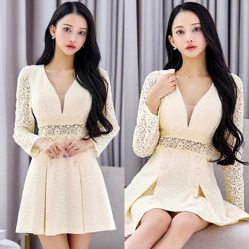 Donia Quinn / ドニアクイーン】総レース ボックスプリーツ ミニドレス