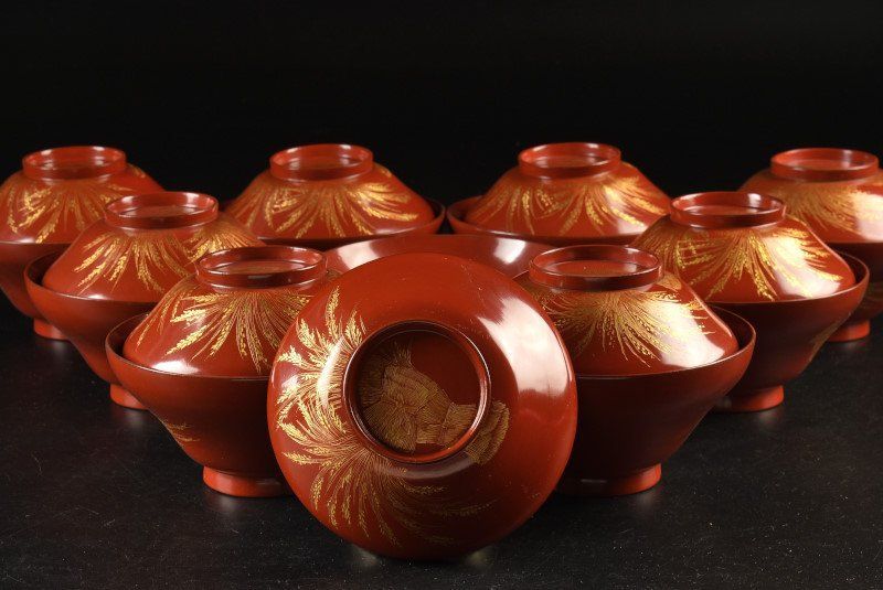 蔵A 2082 a 木製朱塗 沈金稲穂文 吸物椀 汁椀 九客