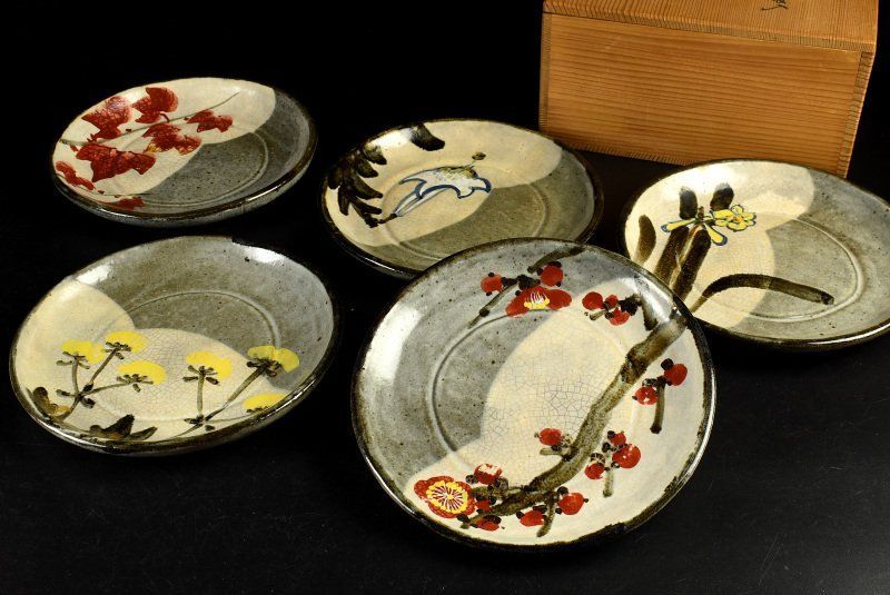 蔵A2076a】清水六兵衛 絵替草花文 銘々皿 中皿 六寸皿 五客 共箱