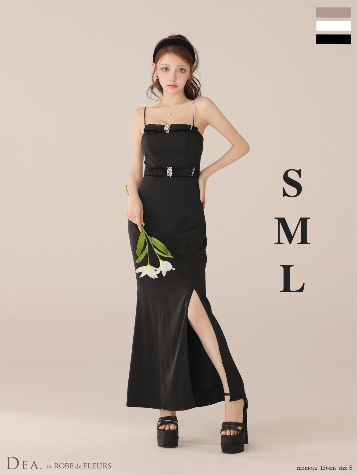 ブラック DE4118 DEA. by ROBE de FLEURS ディアバイローブドフルール Lサイズあり サテン ベロアリボン ビジュー ベア キャミ タイト スリット ロングドレス キャバドレス ワンピース