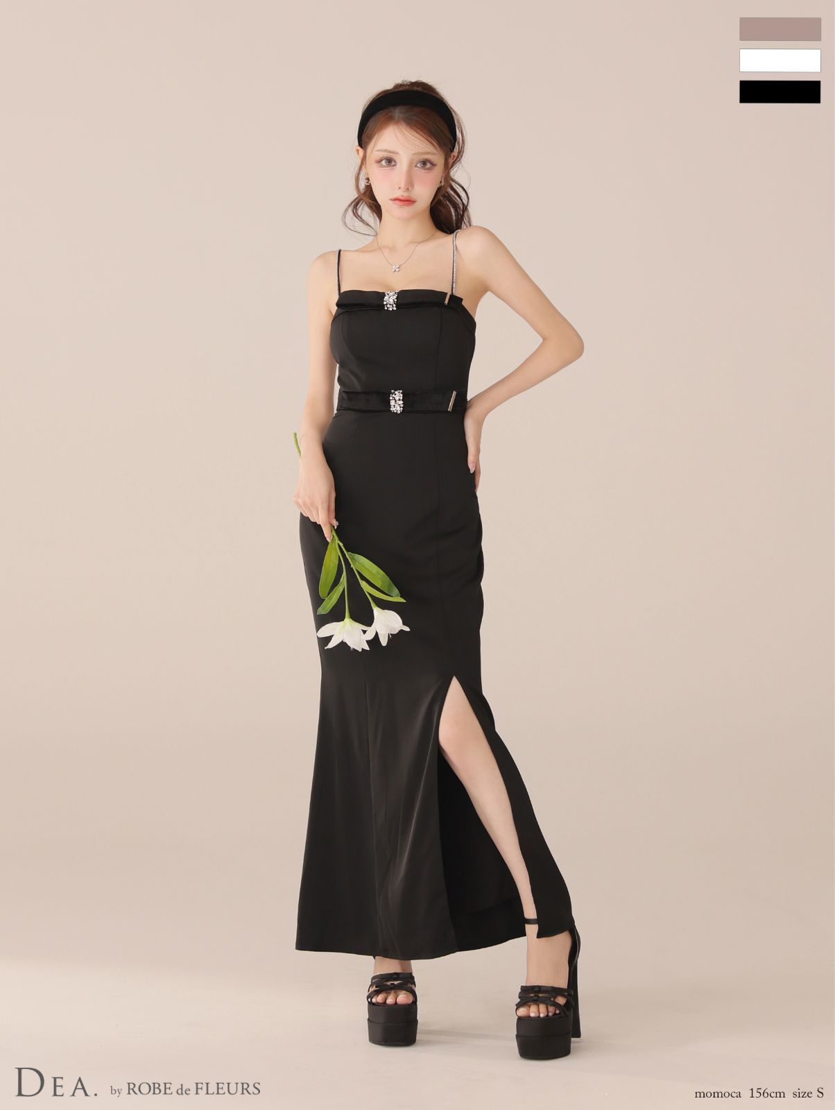 ブラック DE4118 DEA. by ROBE de FLEURS ディアバイローブドフルール Lサイズあり サテン ベロアリボン ビジュー ベア キャミ タイト スリット ロングドレス キャバドレス ワンピース