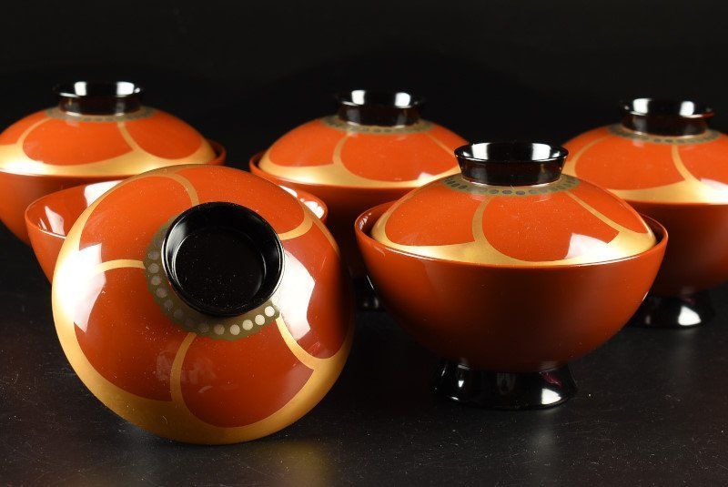 蔵C9492 輪島塗 朱塗蒔絵 布着 吸物椀 汁椀 五客