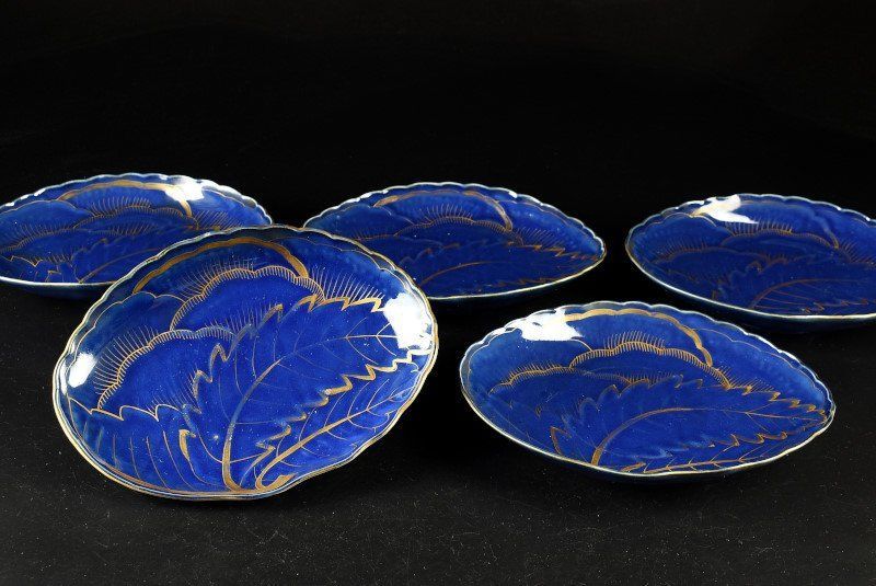 蔵C 9506 b 古伊万里 瑠璃金彩葉文 扁形皿 中皿 五客