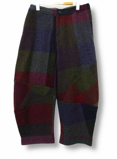 センソユニコ io comme イオコムイオ ウール ワイドパンツ ボトムス 和柄 切替デザイン 紫 茶色 ダークグリーン レディース Mサイズ38秋冬春用 管理番号 -251109-50-3 990