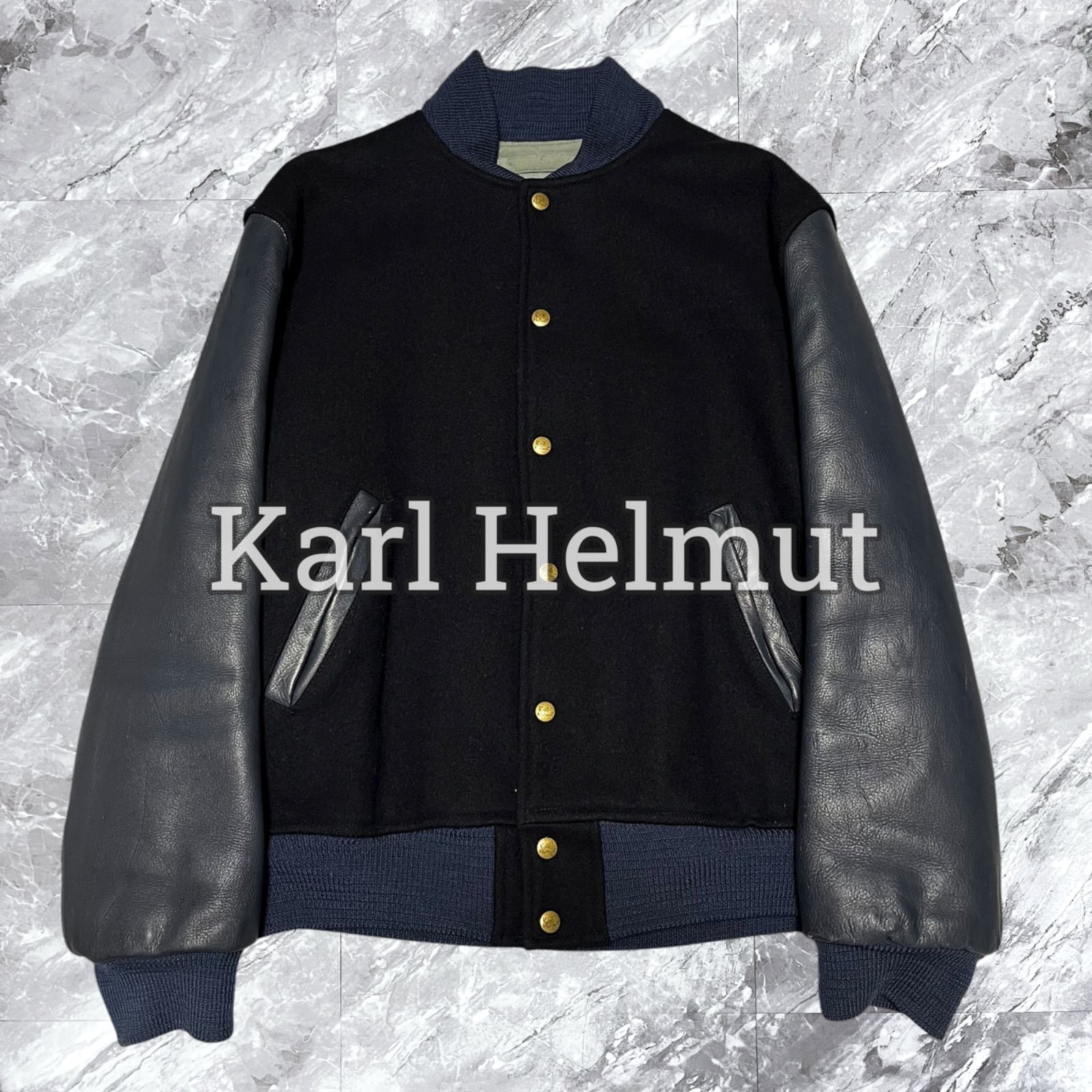 Karl Helmut カールヘルム PINK HOUSE ピンクハウス スタジャン ウール レザー 牛革 切り替え 刺繍 ワッペン キルティング 裏地 ネイビー 紺色 サイズL相当