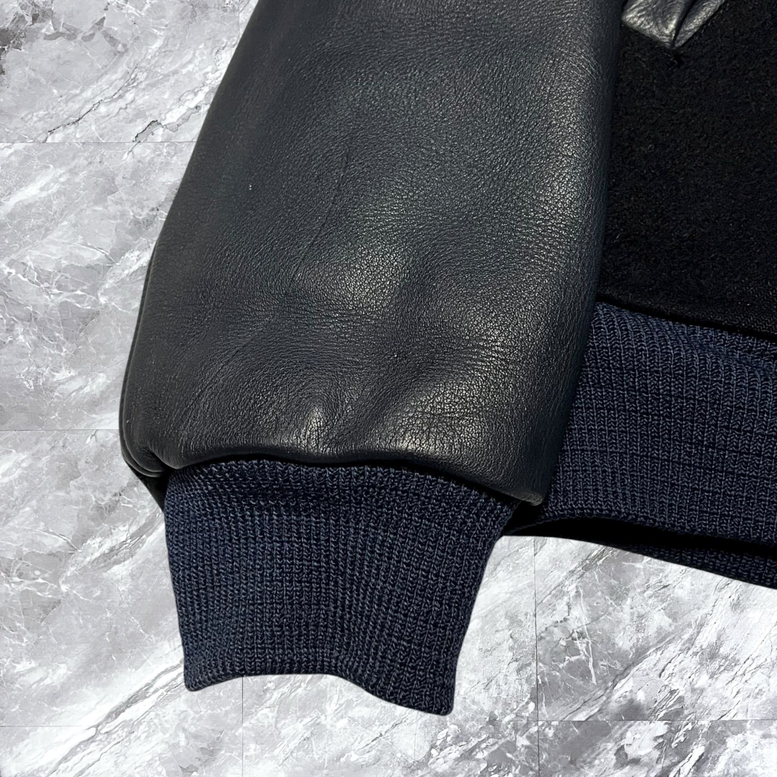 Karl Helmut カールヘルム PINK HOUSE ピンクハウス スタジャン ウール レザー 牛革 切り替え 刺繍 ワッペン キルティング 裏地 ネイビー 紺色 サイズL相当